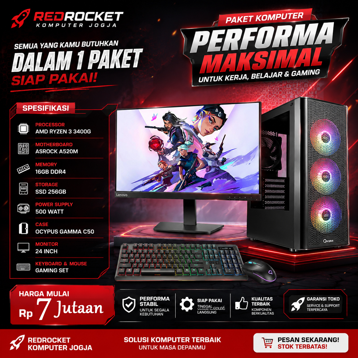 MASTER-BASIC PAKET PC AMD RYZEN 5 3400G KOMPLIT TINGGAL PAKAI