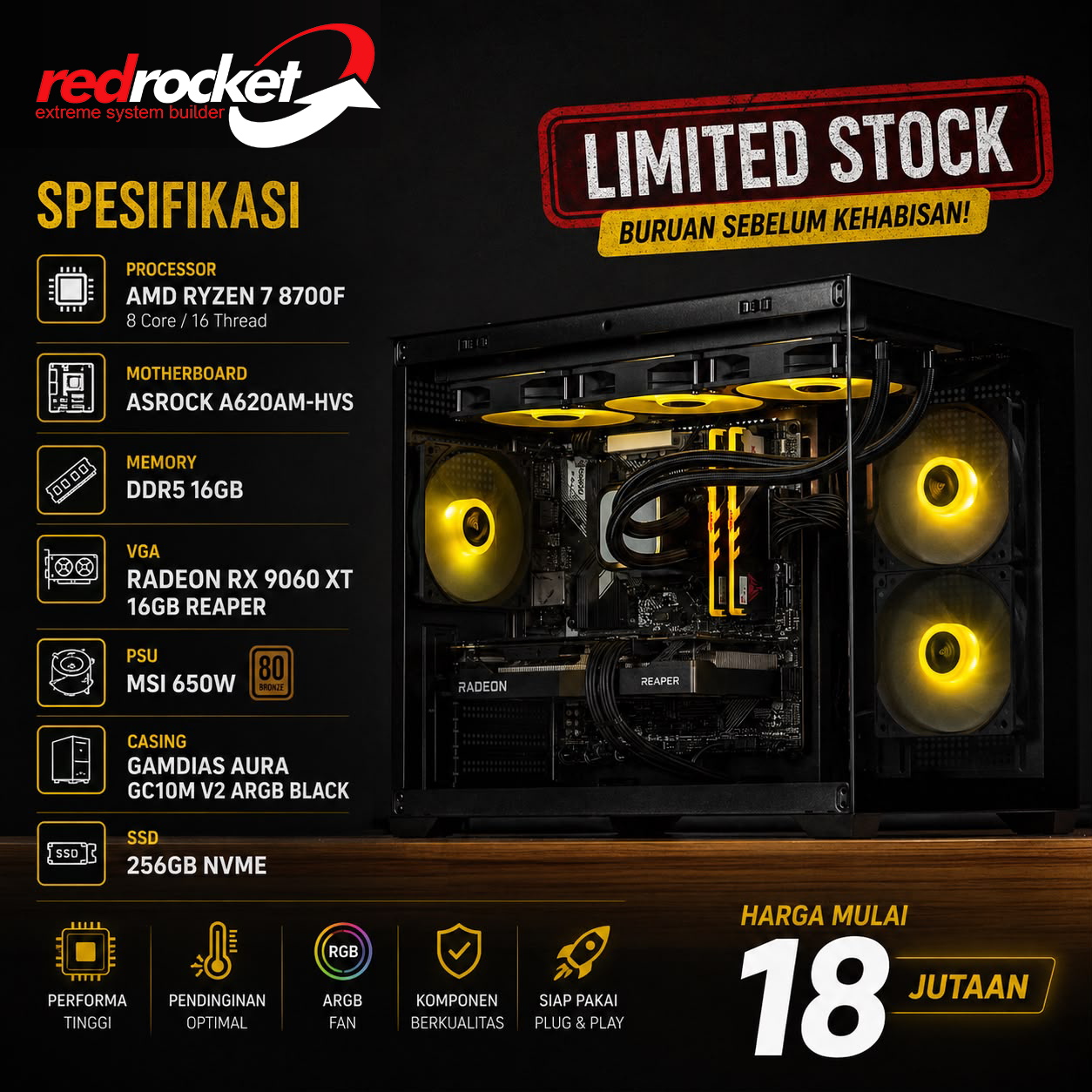 PAKET PC RYZEN 7 8700F & AMD Radeon RX 9060 XT 16GB