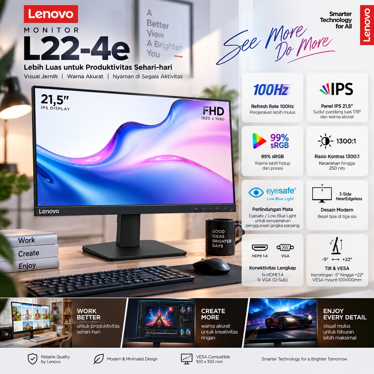 Monitor Lenovo LED L22-4e 21.5" 100Hz IPS HDMI 99%sRGB Eyesafe Display