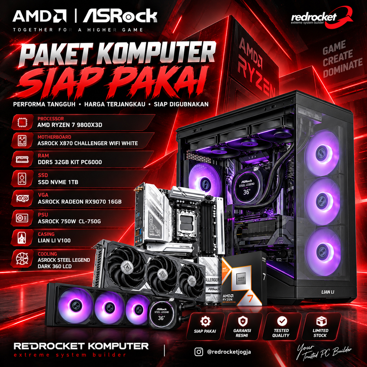 PAKET PC MASTER CORE AMD Ryzen 7 9800X3D GPU RADEON RX9070 16GB